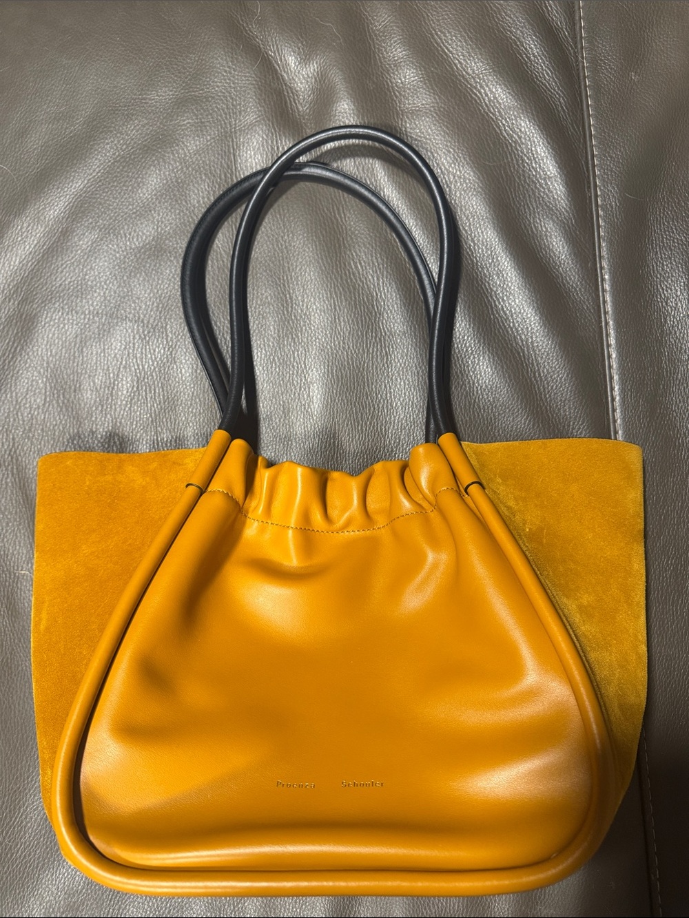 Mustard Yellow Leather Tote Bag with Black Handles